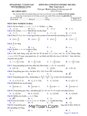 Đề thi Toán 12 cuối kì 2 năm 2022 - 2023 Sở GD&ĐT Đà Nẵng