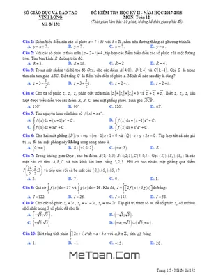 Đề thi học kỳ 2 Toán 12 năm 2017-2018 sở GD&ĐT Vĩnh Long (có đáp án)