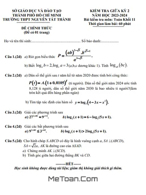 Đề Thi Giữa Kỳ 2 Toán 11 Năm 2023 - 2024 Trường THPT Nguyễn Tất Thành - TP HCM