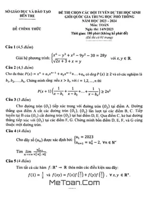 Đề chọn đội tuyển HSG QG môn Toán 2023 - 2024 - Sở GD&ĐT Bến Tre