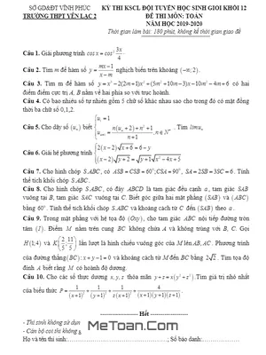 Đề thi HSG Toán 12 năm 2019 - 2020 trường Yên Lạc 2 - Vĩnh Phúc
