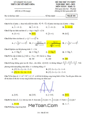 Đề thi thử THPT 2023 môn Toán lần 2 trường chuyên Biên Hòa – Hà Nam