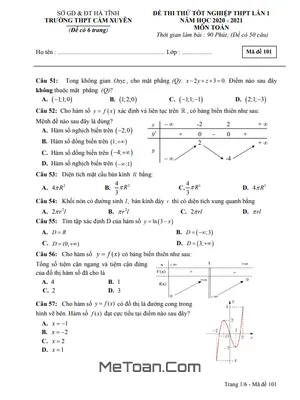 Đề thi thử Toán tốt nghiệp THPT 2021 lần 1 trường THPT Cẩm Xuyên - Hà Tĩnh