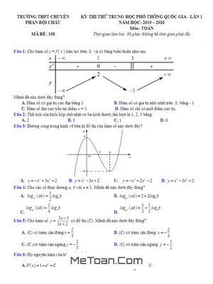 Đề thi thử Toán THPTQG 2020 lần 1 trường chuyên Phan Bội Châu – Nghệ An