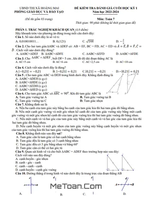 Đề thi học kì 1 Toán 7 năm 2023 - 2024 phòng GD&ĐT Hoàng Mai - Nghệ An