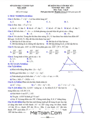 Đề kiểm tra cuối kỳ 1 Toán 8 năm 2023 - 2024 Sở GD&ĐT Bắc Ninh
