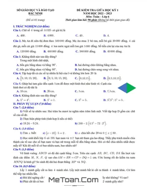 Đề kiểm tra giữa học kỳ 1 Toán lớp 6 năm 2022 - 2023 sở GD&ĐT Bắc Ninh