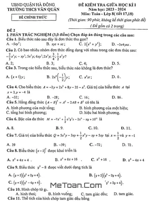 Đề thi giữa kì 1 Toán 8 năm 2023 - 2024 trường THCS Văn Quán - Hà Nội
