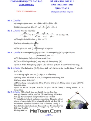 Đề thi học kì 1 Toán 9 năm 2020 - 2021 phòng GD&ĐT Đống Đa - Hà Nội