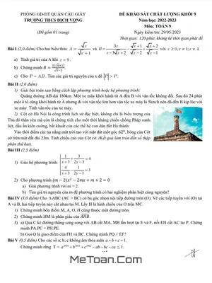 Đề khảo sát Toán 9 năm 2022 - 2023 trường THCS Dịch Vọng - Hà Nội