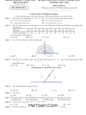 Đề thi học kì 2 Toán lớp 6 năm 2023 - 2024 phòng GD&ĐT Mỹ Hào - Hưng Yên