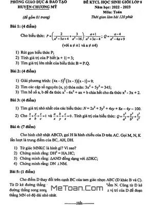 Đề thi học sinh giỏi Toán 8 năm 2022 - 2023 phòng GD&ĐT Chương Mỹ - Hà Nội