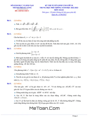 Đề thi tuyển sinh lớp 10 môn Toán năm 2022 - 2023 Sở GD&ĐT Đà Nẵng