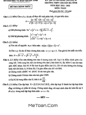 Đề thi tuyển sinh lớp 10 môn Toán trường THPT chuyên Hà Tĩnh năm 2021 - 2022