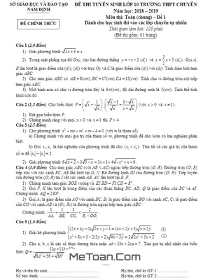 Đề Thi Tuyển Sinh Lớp 10 Chuyên Toán Nam Định Năm 2018 - 2019 (Đề Chung) - Có Lời Giải