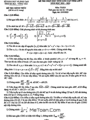 Đề thi học sinh giỏi cấp tỉnh môn Toán lớp 9 năm 2022 - 2023 sở GD&ĐT Bà Rịa - Vũng Tàu