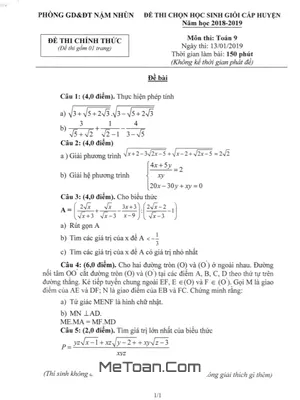 Đề thi học sinh giỏi huyện Toán 9 năm 2018 - 2019 phòng GD&ĐT Nậm Nhùn - Lai Châu