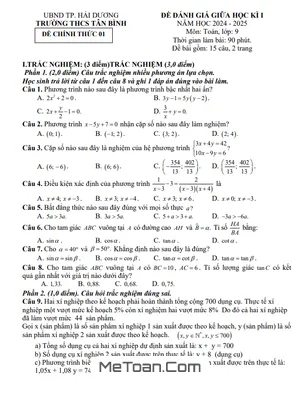 Đề Thi Giữa Học Kì 1 Toán 9 Năm 2024 - 2025 Trường THCS Tân Bình - Hải Dương