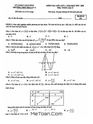 Đề thi giữa học kỳ 1 môn Toán lớp 12 năm học 2025-2026 trường THPT Hoa Lư A, Ninh Bình