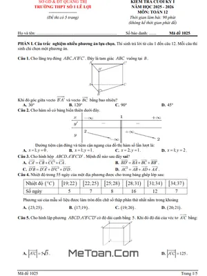 Đề thi cuối học kỳ 1 Toán 12 năm 2025 – 2026 Trường THPT số 1 Lê Lợi – Quảng Trị