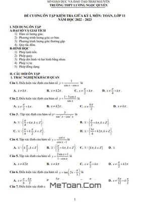 Đề Cương Ôn Tập Giữa Kì 1 Toán 11 Năm 2022-2023 THPT Lương Ngọc Quyến - Thái Nguyên
