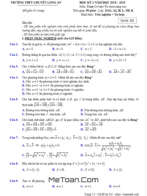 Đề thi học kỳ 1 Toán 10 năm 2018 - 2019 trường THPT chuyên Long An (có đáp án)