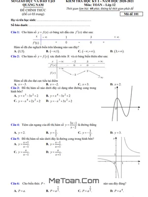Đề thi học kỳ 1 Toán 12 năm 2020 - 2021 sở GD&ĐT Quảng Nam