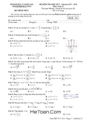 Đề thi HK1 Toán 12 năm học 2017 - 2018 Sở GD&ĐT Đà Nẵng