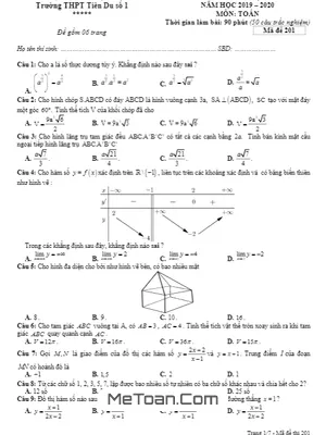 Đề thi KSCL Toán 12 lần 2 năm 2019 – 2020 trường THPT Tiên Du 1 – Bắc Ninh