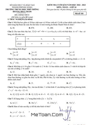 Đề Thi Cuối Kì 2 Toán 10 Năm 2022 - 2023 Trường THPT Hoàng Hoa Thám - Đà Nẵng