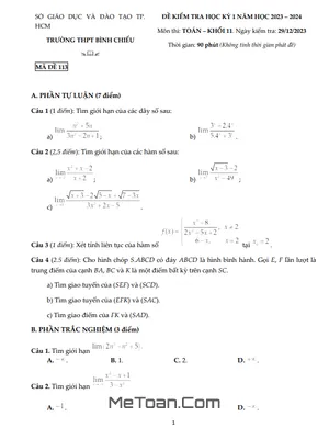 Đề Thi Cuối Kỳ 1 Toán 11 Năm 2023 - 2024 Trường THPT Bình Chiểu - TP HCM