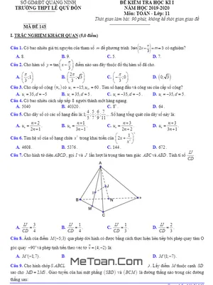 Đề thi HK1 Toán 11 năm 2019 - 2020 trường THPT Lê Quý Đôn - Quảng Ninh