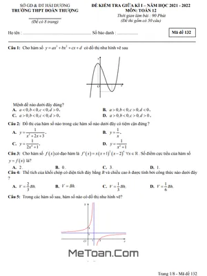 Đề thi giữa kì 1 Toán 12 năm 2021 - 2022 trường THPT Đoàn Thượng - Hải Dương