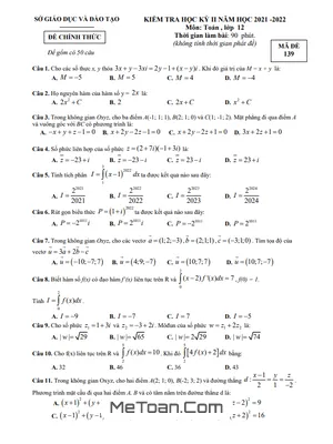 Đề thi học kỳ 2 Toán 12 năm 2021 - 2022 Sở GD&ĐT Bình Dương