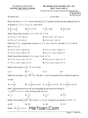 Đề thi HK2 Toán 12 năm học 2016 - 2017 trường THPT Đông Thành - Quảng Ninh
