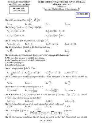 Đề HSG Toán 12 Lần 3 năm 2022-2023 trường THPT Lê Lợi - Thanh Hóa (có đáp án)