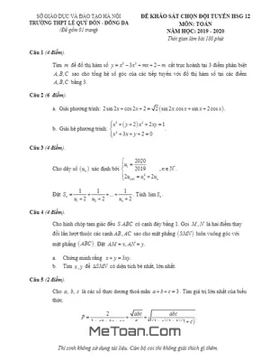 Đề chọn đội tuyển HSG Toán 12 năm 2019 - 2020 trường Lê Quý Đôn - Hà Nội
