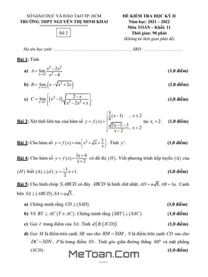 Đề Học Kỳ 2 Toán 11 Năm 2021 - 2022 Trường THPT Nguyễn Thị Minh Khai - TP HCM