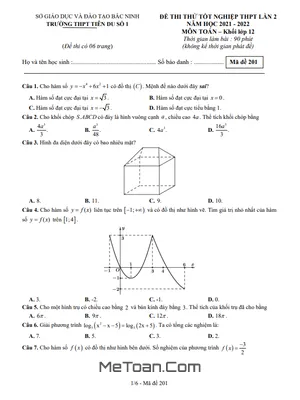 Đề thi thử THPT 2022 môn Toán lần 2 trường Tiên Du 1 – Bắc Ninh (có đáp án)