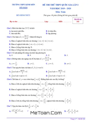 Đề thi thử Toán THPT Quốc gia 2020 lần 1 trường THPT Kinh Môn – Hải Dương