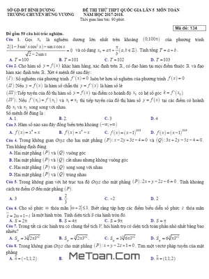 Đề thi thử Toán THPTQG 2018 trường chuyên Hùng Vương – Bình Dương lần 5 (có đáp án)