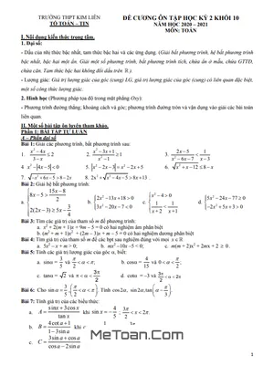 Đề Cương Ôn Tập HK2 Toán 10 Năm 2020 - 2021 Trường THPT Kim Liên - Hà Nội