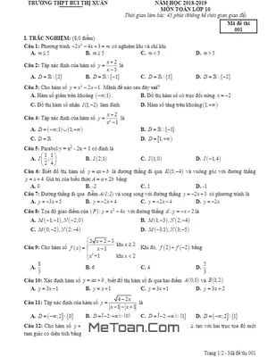 Đề Kiểm Tra Giữa Kì 1 Toán 10 Năm 2018 - 2019 Trường THPT Bùi Thị Xuân - TT. Huế