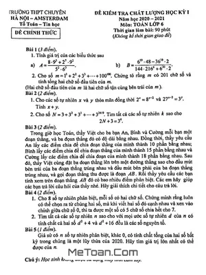 Đề thi HK1 Toán 6 trường chuyên Hà Nội - Amsterdam năm 2020 - 2021
