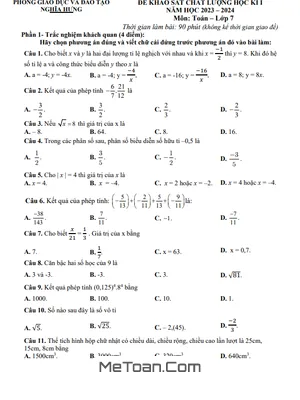 Đề thi học kì 1 Toán 7 năm 2023 - 2024 phòng GD&ĐT Nghĩa Hưng - Nam Định