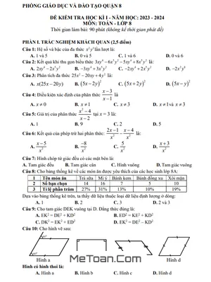 Đề thi học kì 1 Toán 8 năm 2023 - 2024 phòng GD&ĐT Quận 8 - TP HCM