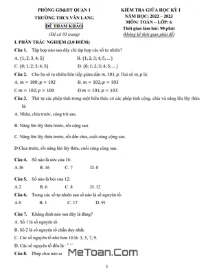 Đề Tham Khảo Giữa Học Kỳ 1 Toán 6 Năm 2022 - 2023 Trường THCS Văn Lang - TP HCM