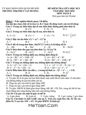 Đề thi giữa kì 1 Toán 8 năm 2023 - 2024 trường TH&THCS Vạn Hương - Hải Phòng