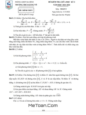 Đề Thi Giữa Kỳ 2 Toán 9 Năm 2021-2022 Trường THCS Giảng Võ - Hà Nội