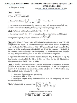 Đề khảo sát Toán 9 năm 2022 - 2023 phòng GD&ĐT Yên Thành - Nghệ An